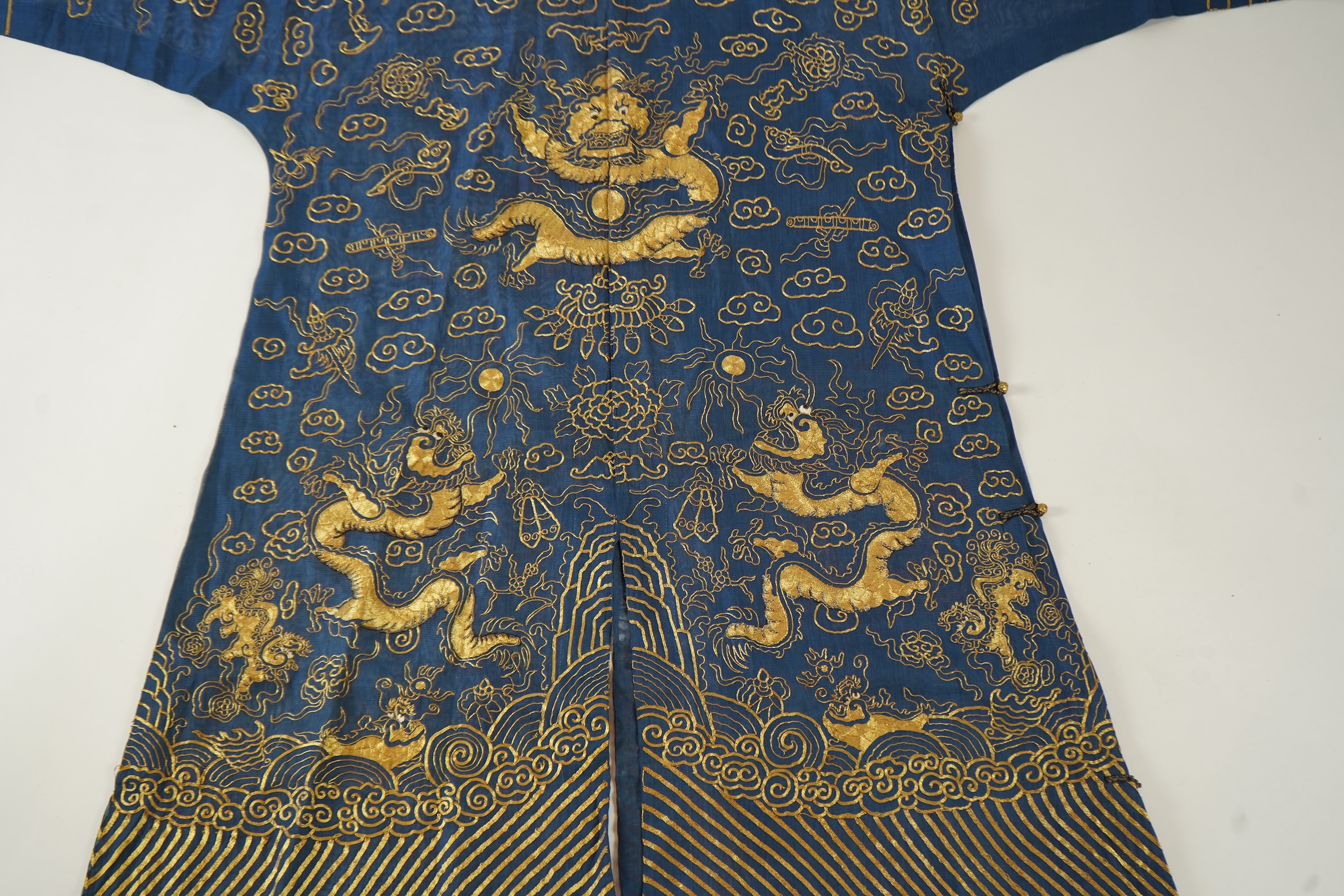 A Chinese gold thread and silk gauze ‘dragon’ summer robe, jifu, early 20th century